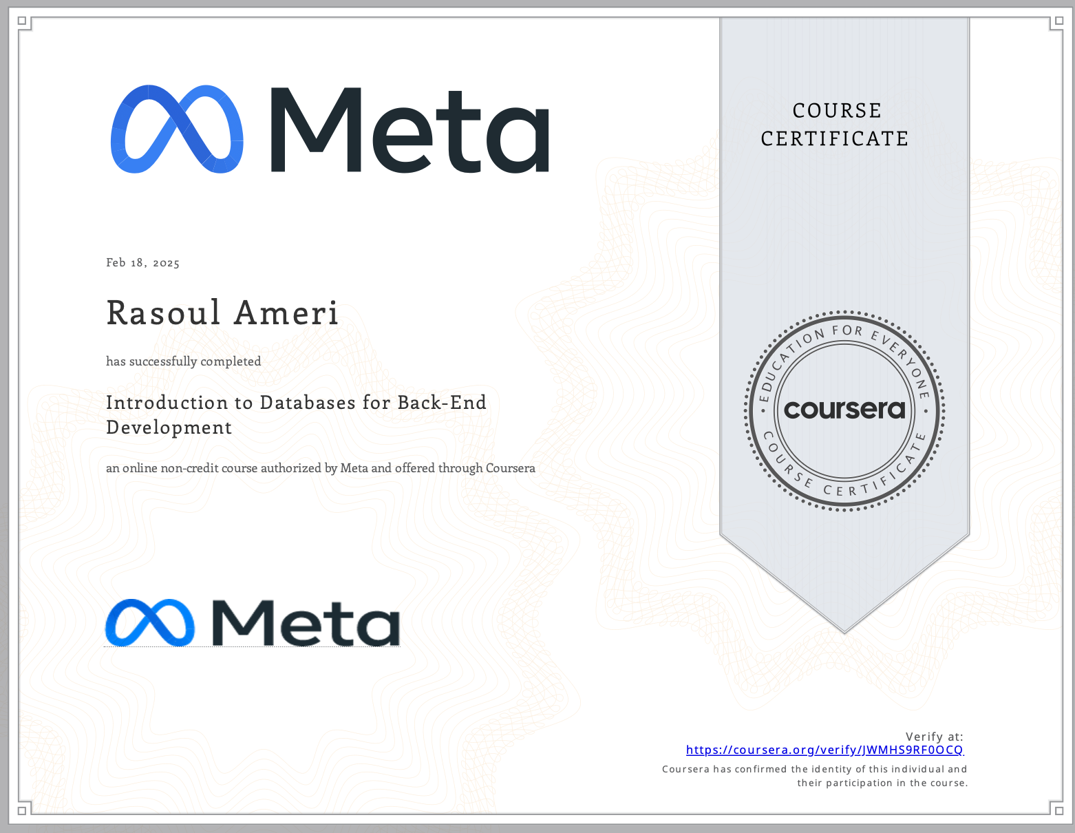 Back-End Development certificate