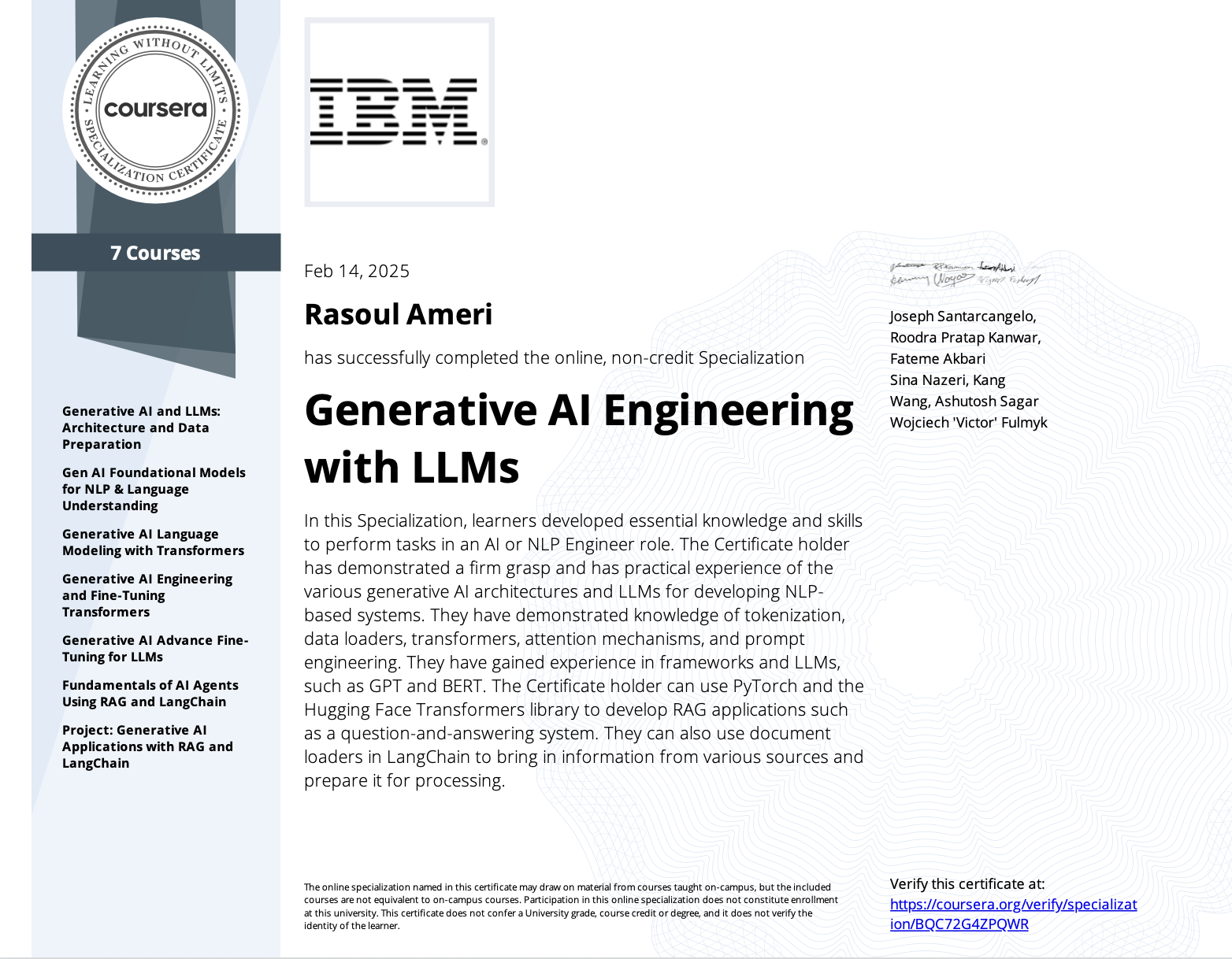 Generative AI Engineering with LLMs certificate