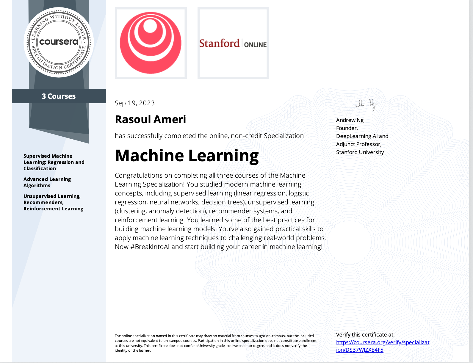 Machine Learning certificate