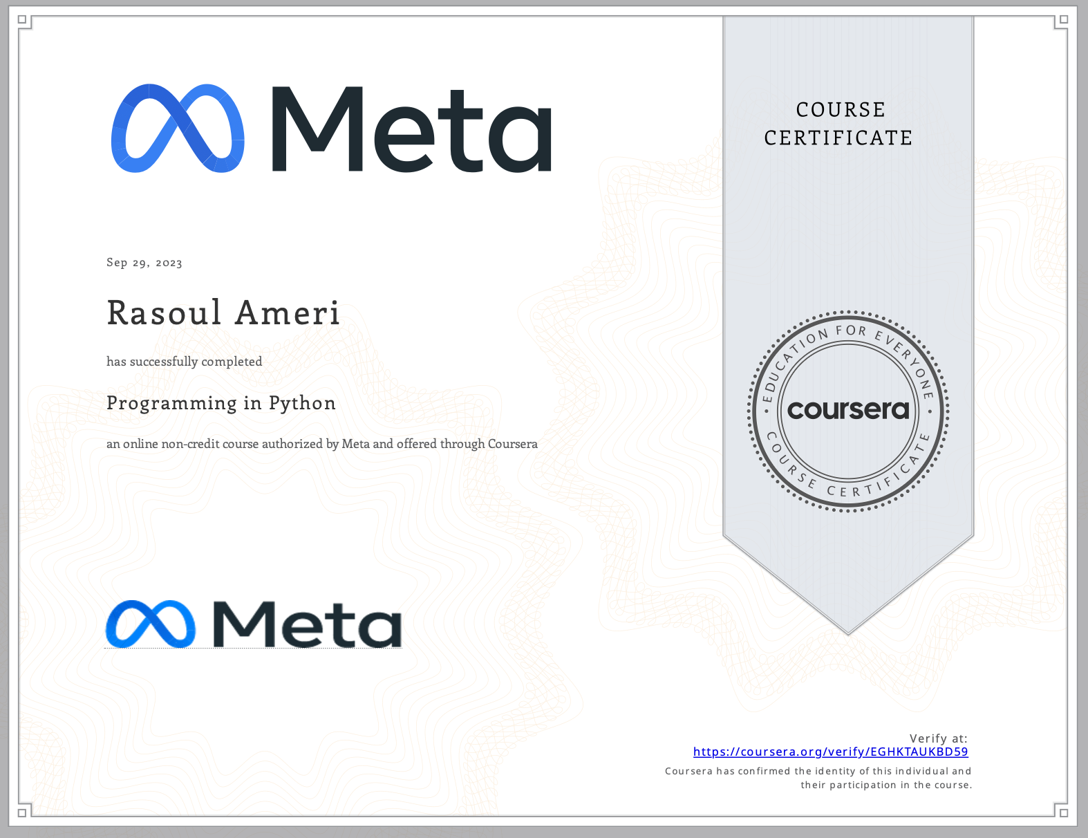 Programming in Python certificate