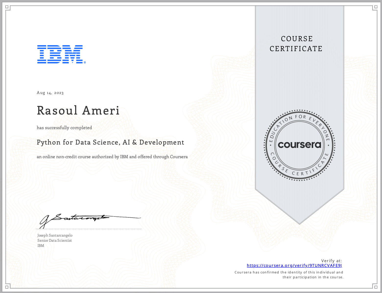 Python for Data Science AI and Development certificate