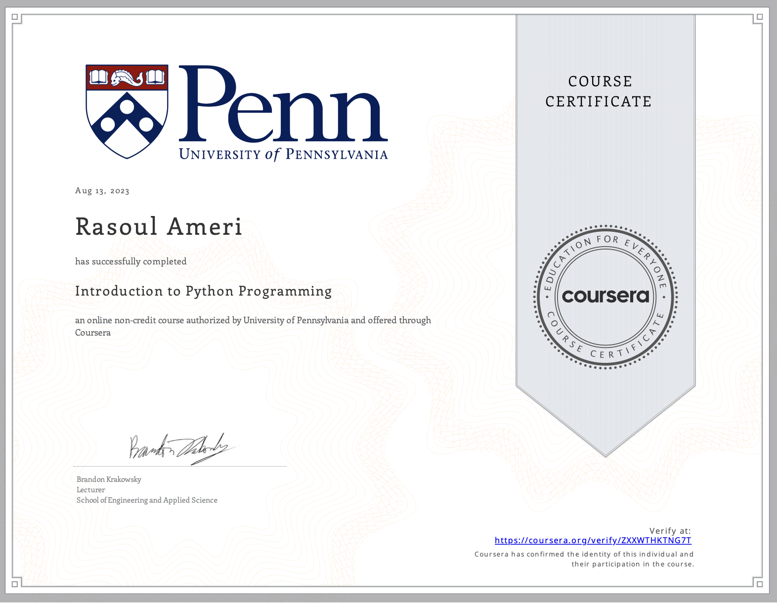 Introduction to Python Programming certificate